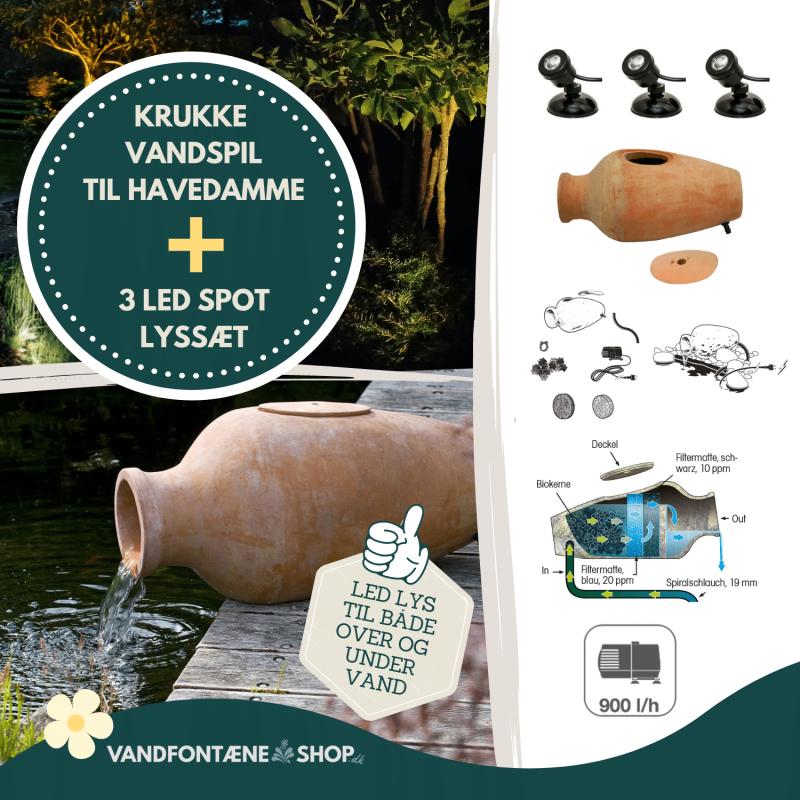 Amphora Krukke Vandspil med 3 Spotlys til Havedam