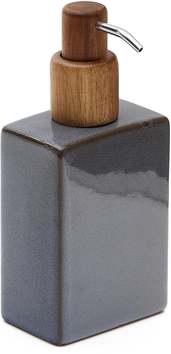 Elegant blå sæbedispenser i keramik og akacietræ