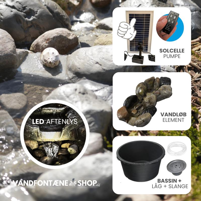 Solcellepumpe Vandløb med LED Lys og 90L Bassin