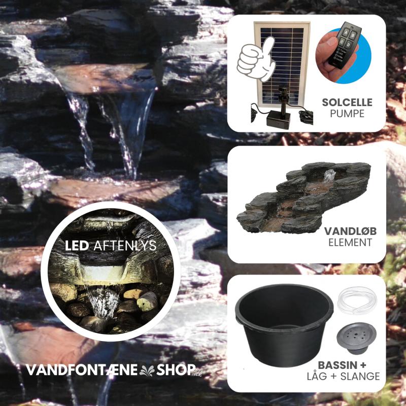 Solcelledrevet Vandløb med LED Lys og Bassin 90L