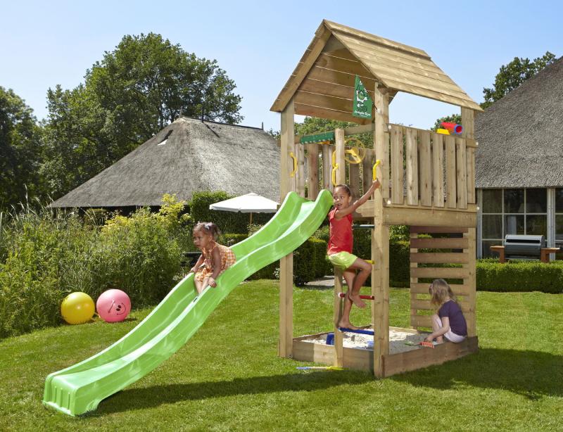 Legetårn Jungle Gym Cabin med Grøn Rutschebane - Fantastisk!