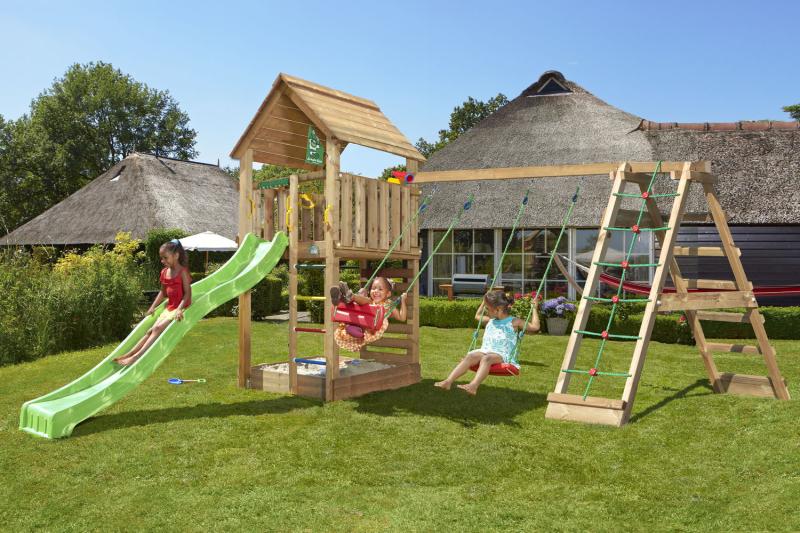Legetårn Jungle Gym Cabin med Grøn Rutsjebane - Udsalg!