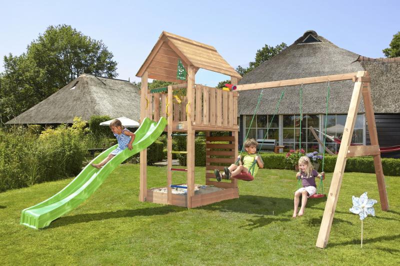 Legetårn Jungle Gym Cabin med Grøn Rutsjebane og Sving