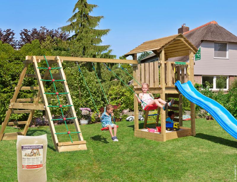 Legetårn Jungle Gym Cottage med blå rutschebane og sand