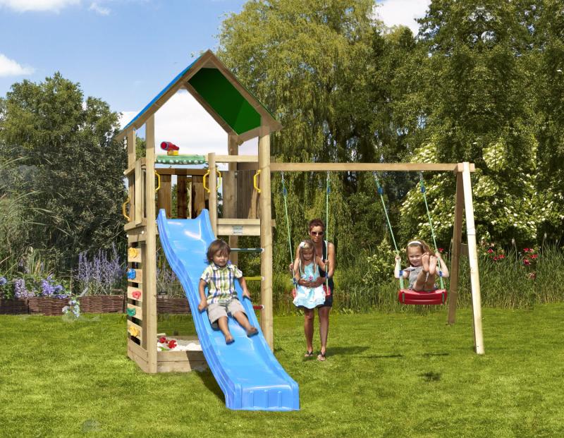 Legetårn Jungle Gym Lodge     Inkl  Swing Module   Blå Rutschebane
