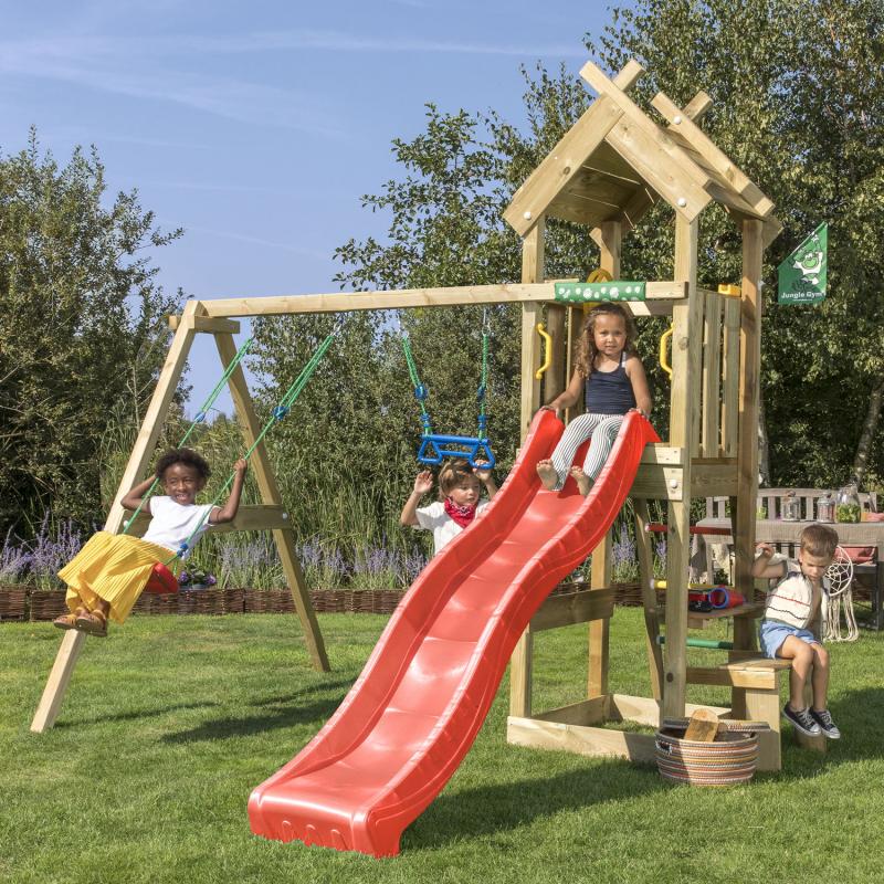 Moderne Jungle Gym Totem med Rød Rutschebane og Gyngemodul
