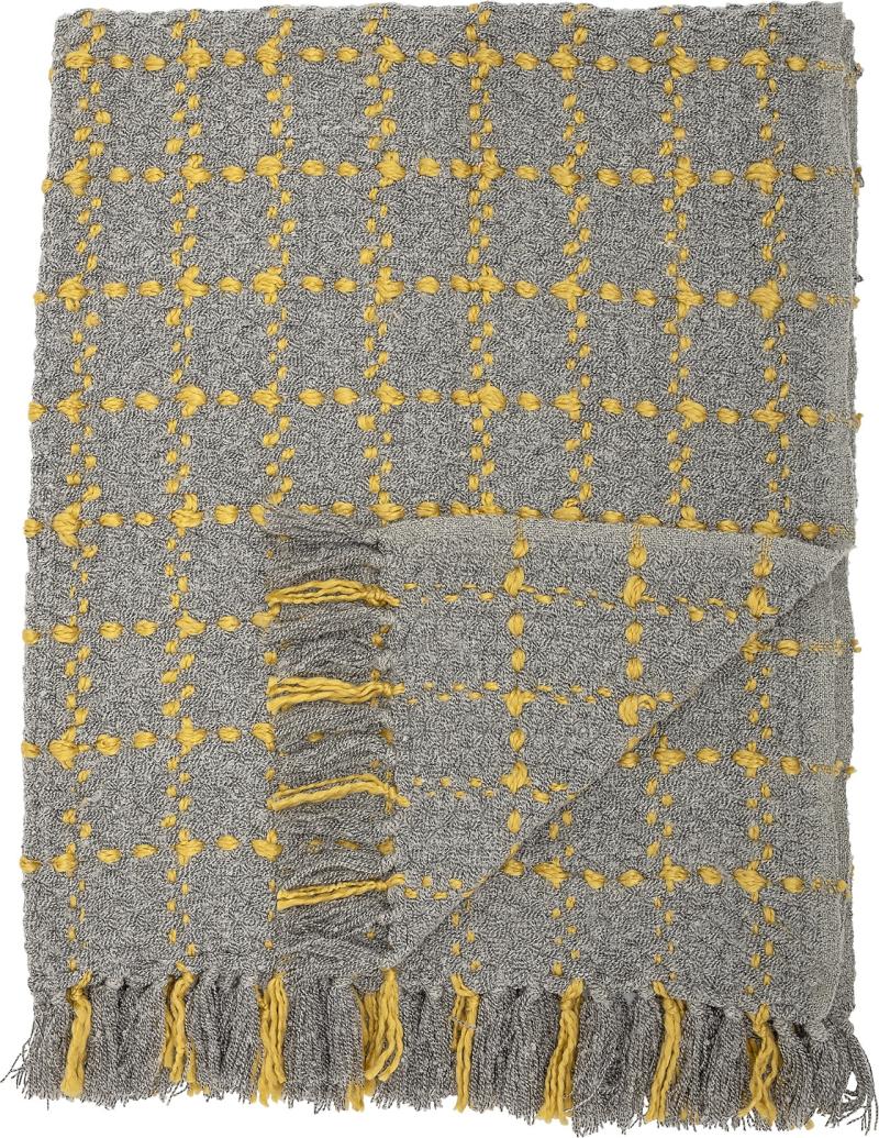 Plaid Bloomingville Cozy Akryl Tæppe 130x170 Grå Gul Med Frynser
