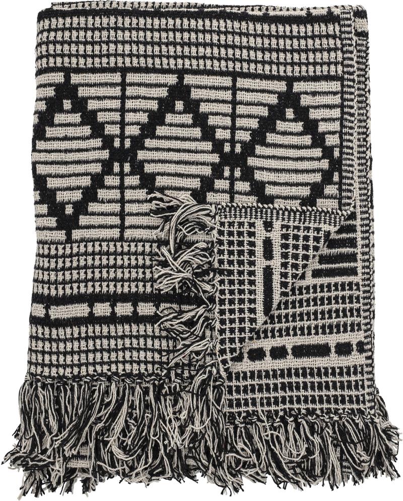 Plaid Bloomingville Gutte Tæppe Genbrugt Bomuld Sort 130x160   Med Franser