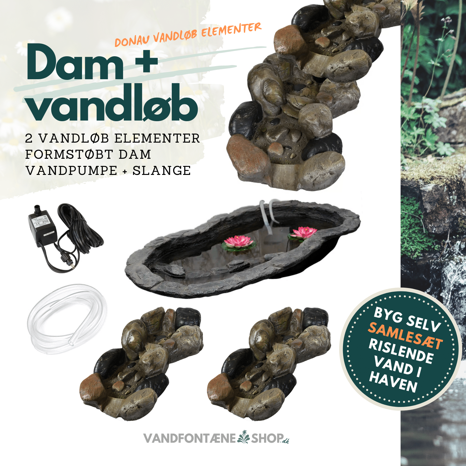 Havedam Med Vandløb Donau Design  Komplet Sæt