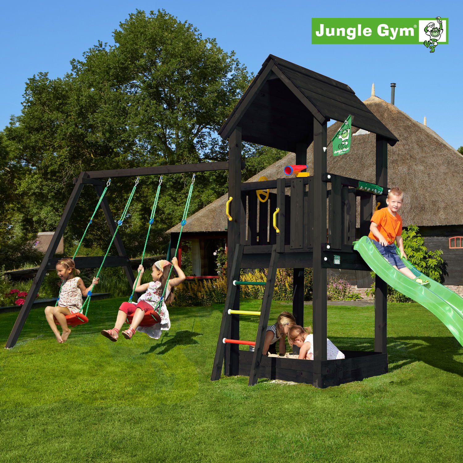 Jungle Gym Club Legetårn Komplet Inkl  Swing Module Xtra   Rutschebane  Grundmalet Sort