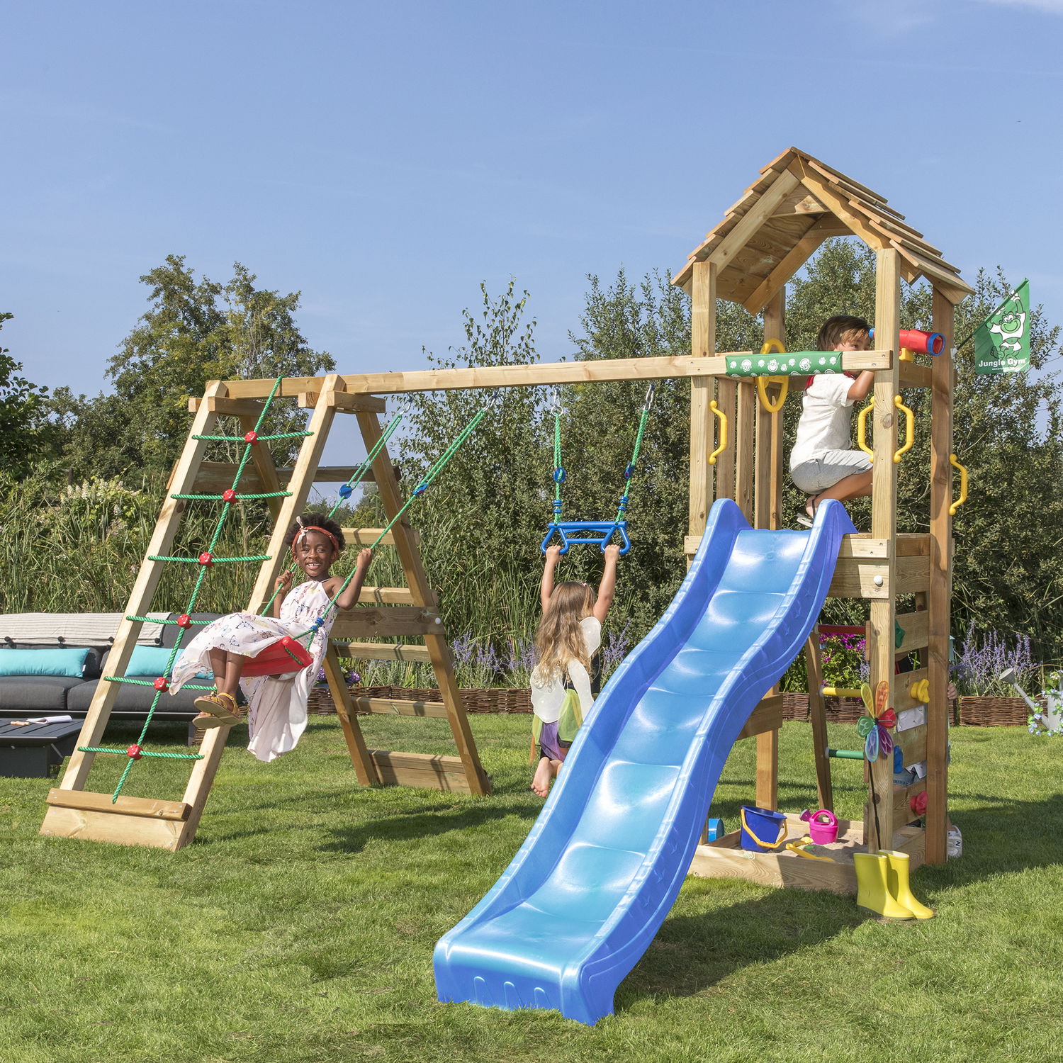 Jungle Gym Cocoon Legetårn Komplet Inkl  Klatremodul     Blå Rutschebane