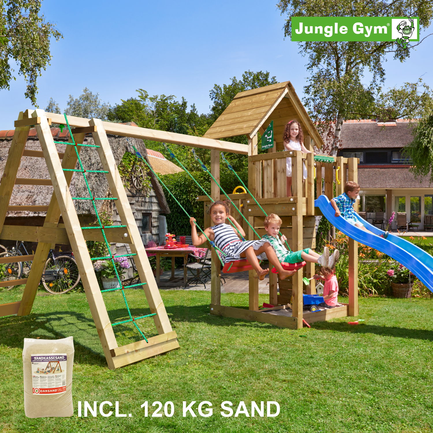 Jungle Gym Cubby Legetårn Komplet Inkl  Climb Module Xtra  120   Sand   Blå Rutschebane