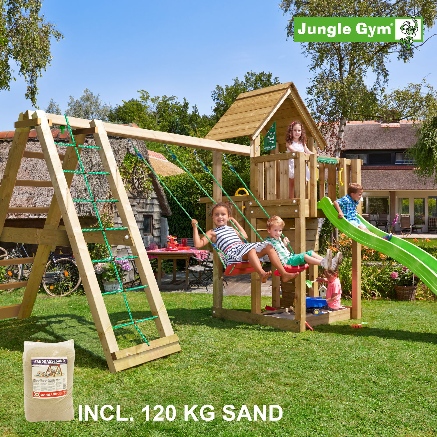 Jungle Gym Cubby Legetårn Komplet Inkl  Climb Module Xtra  120   Sand   Grøn Rutschebane