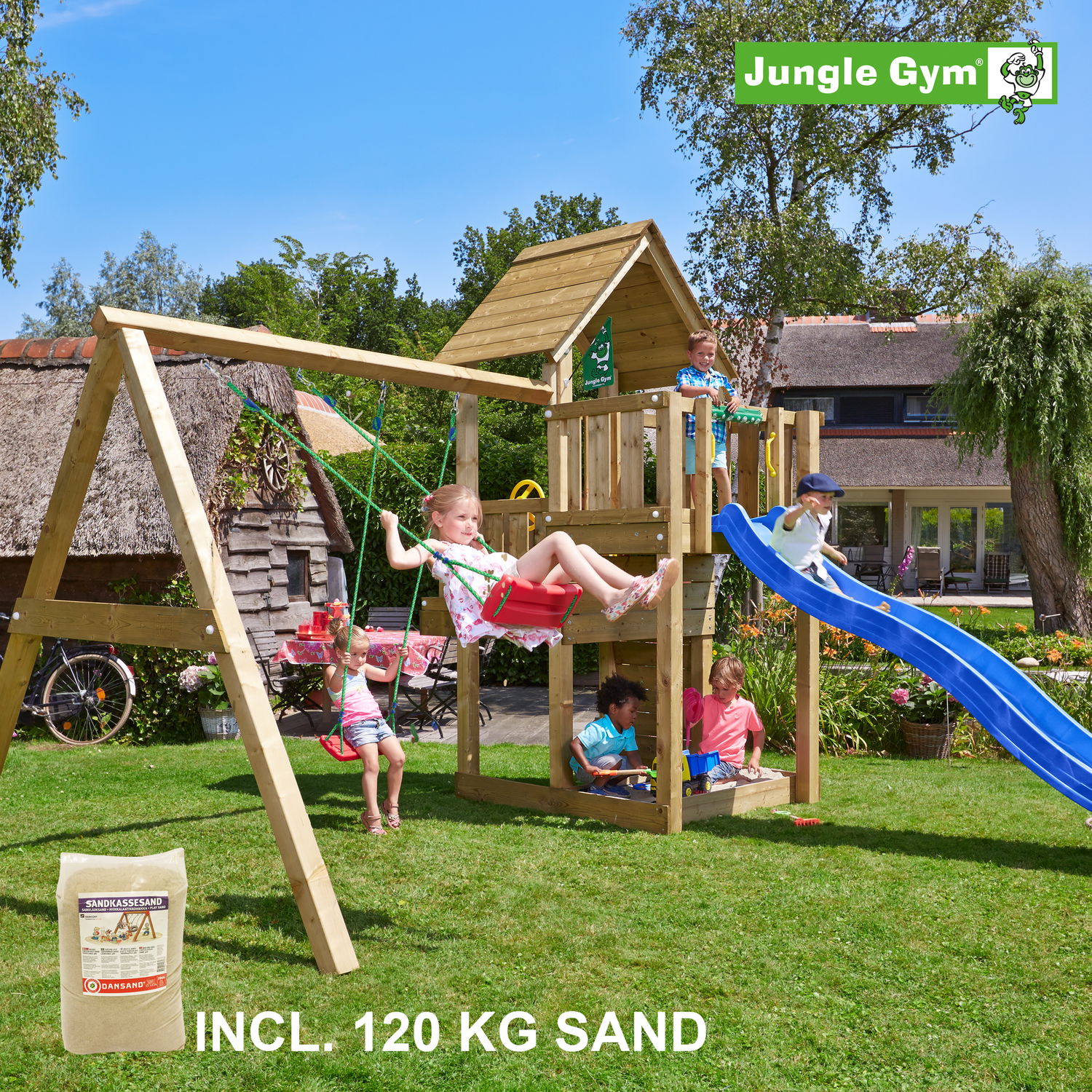 Jungle Gym Cubby Legetårn Komplet Inkl  Swing Module Xtra  120   Sand   Blå Rutschebane