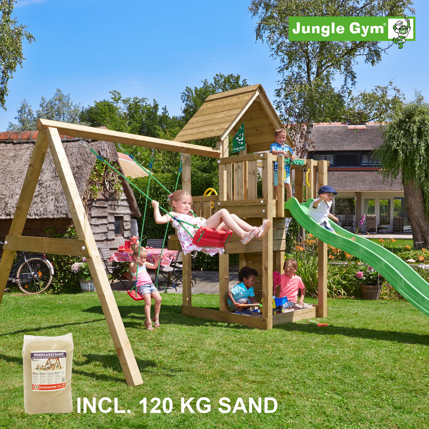 Jungle Gym Cubby Legetårn Komplet Inkl  Swing Module Xtra  120   Sand   Grøn Rutschebane