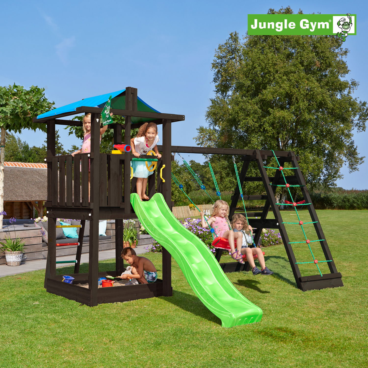 Jungle Gym Hut Legetårn Komplet Inkl  Climb Module Xtra Ekskl  Rutschebane  Grundmalet Sort
