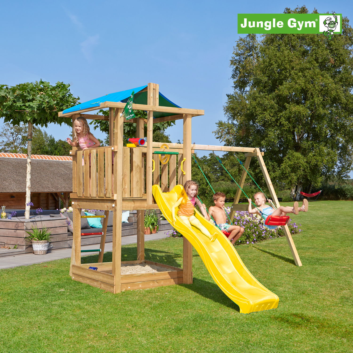 Jungle Gym Hut Legetårn Komplet Inkl  Swing Module Xtra Ekskl  Rutschebane