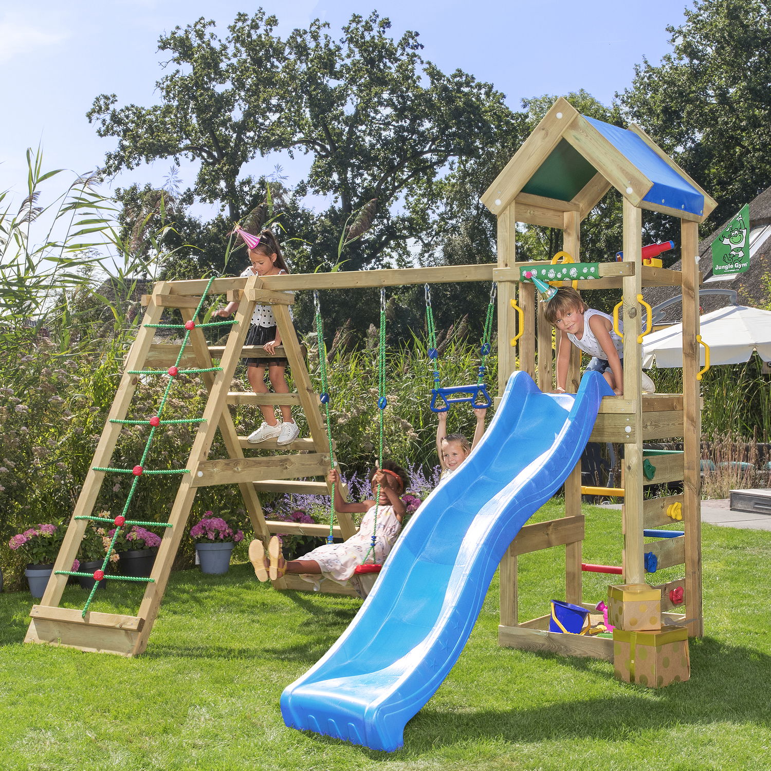 Jungle Gym Patio Legetårn Komplet Inkl Klatremodul Blå Rutsjebane