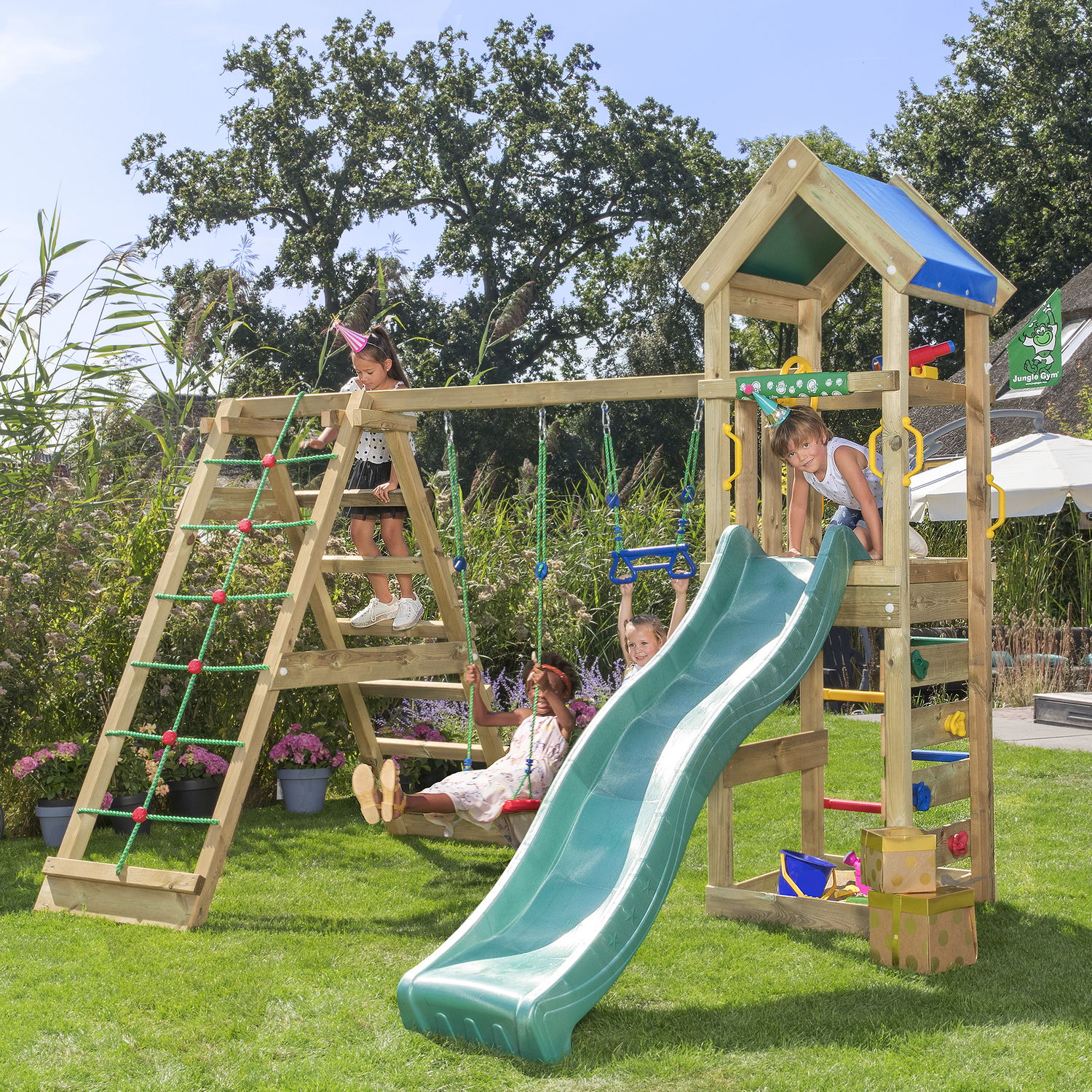 Jungle Gym Patio Legetårn Komplet Inkl  Klatremodul     Mørkegrøn Rutschebane