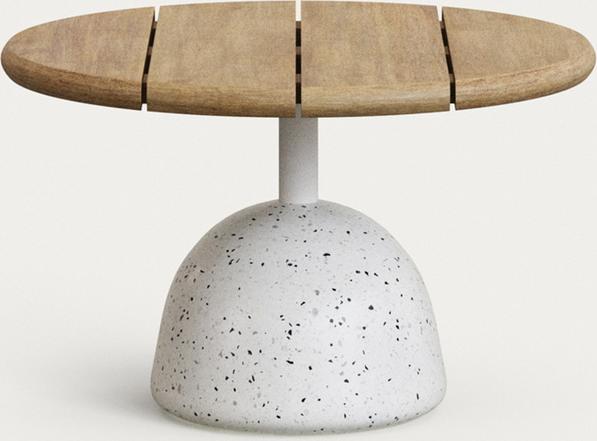 Udendørs Bord Kave Home Saura Natur Hvid   Rund Sofabord Sidebord   Acaciatræ Med Hvid Terrazzo Base ø55   H35
