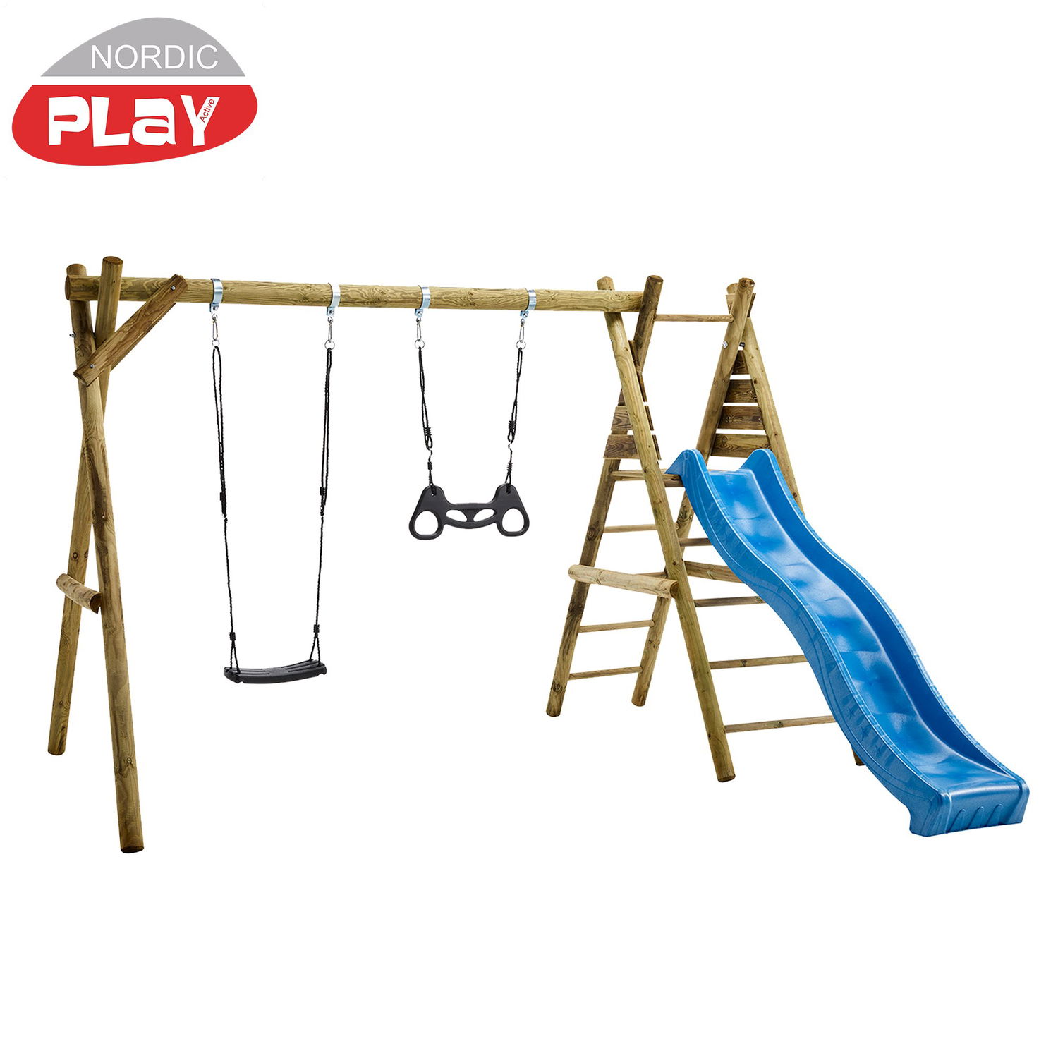 Nordic Play Active Gyngestativ 240   Med Platform     Sort Gynge     Sort Trapez Inkl  Blå Rutsjebane